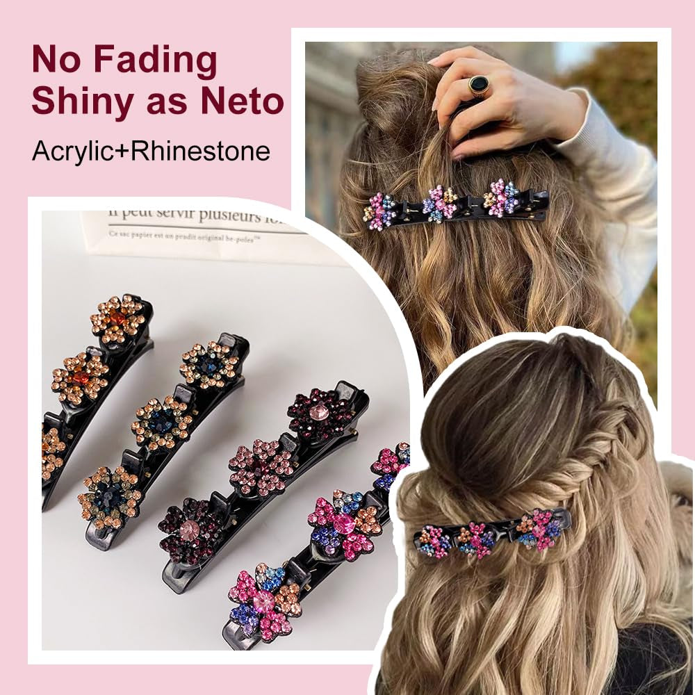 2 Pcs Sparkling Crystal Stone Braided Hair Clips, 2024 New Satin Fabric Hair Bands Rhinestone Four-Leaf Clover Hair Clip,Duck Bill Clips for Women Girls (D)