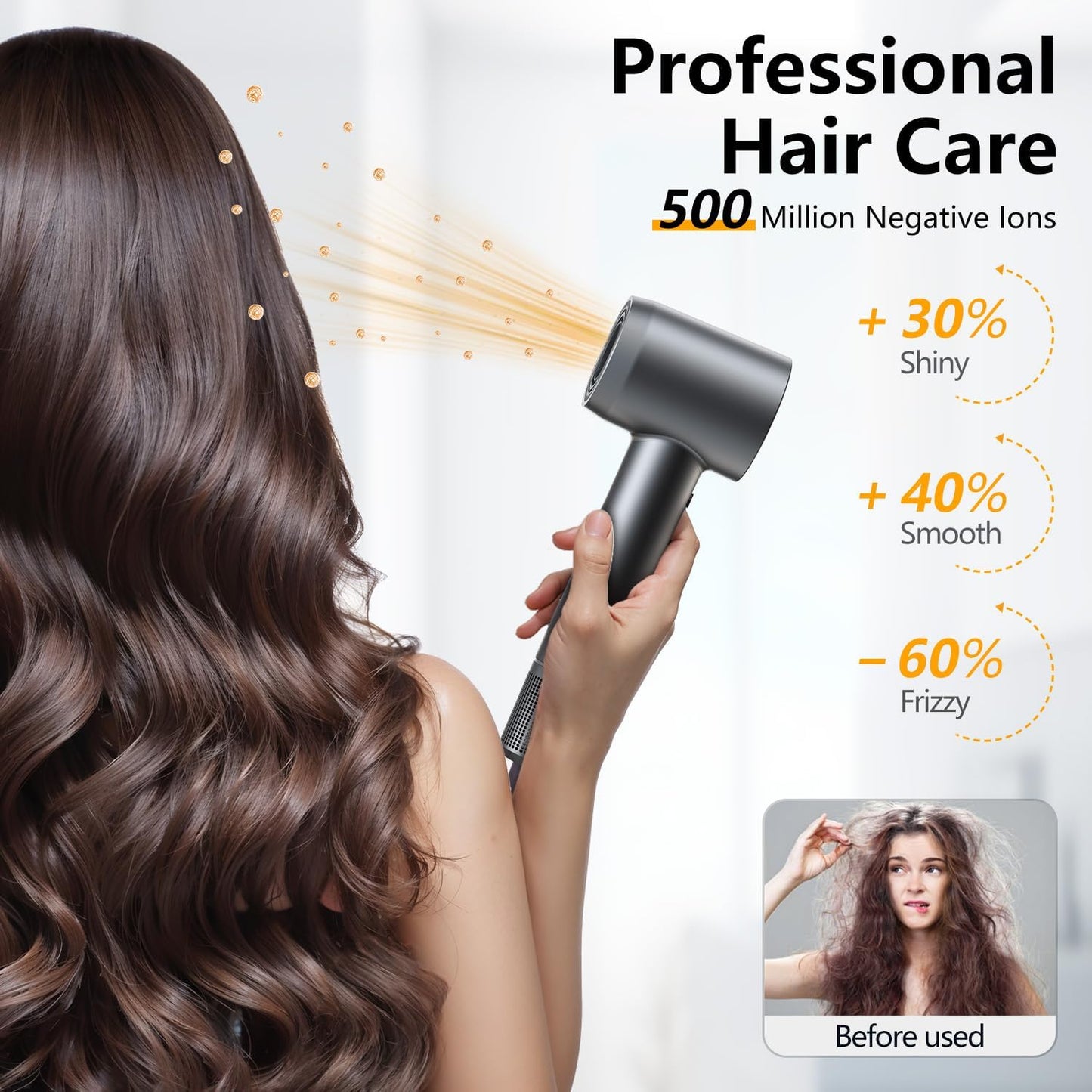 Hair Dryer, 160000 RPM Professional High-Speed Blow Dryer 500 Millions Negative Ionic Care Hair Dryer for Fast Drying, Low Noise Thermo-Control Hairdryer, Travel with Magnetic Diffuser & Nozzle, Gray