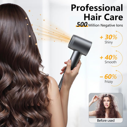 Hair Dryer, 160000 RPM Professional High-Speed Blow Dryer 500 Millions Negative Ionic Care Hair Dryer for Fast Drying, Low Noise Thermo-Control Hairdryer, Travel with Magnetic Diffuser & Nozzle, Gray