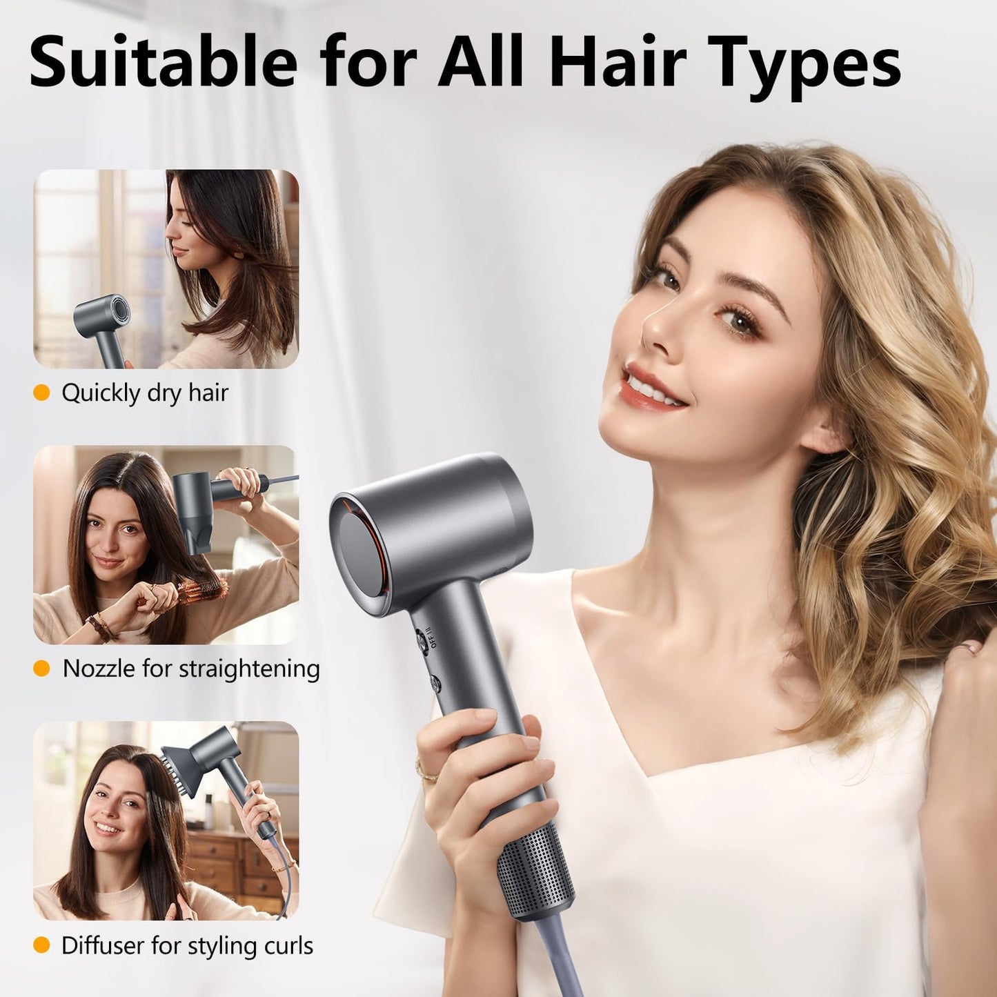 Hair Dryer, 160000 RPM Professional High-Speed Blow Dryer 500 Millions Negative Ionic Care Hair Dryer for Fast Drying, Low Noise Thermo-Control Hairdryer, Travel with Magnetic Diffuser & Nozzle, Gray