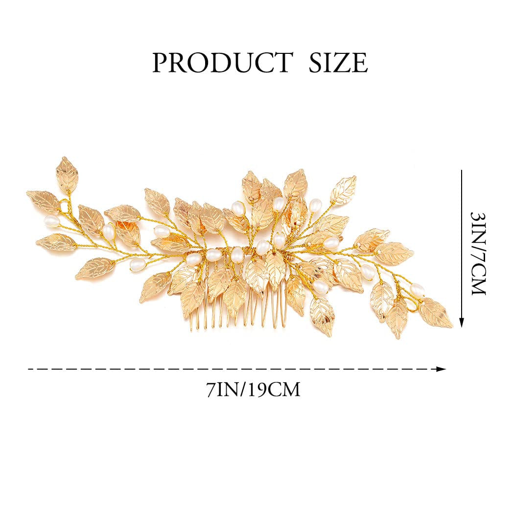 Leaves Bride Wedding Hair Comb Gold Leaf Hair Piece Pearl Headpiece Hair Accessories for Women and Girls