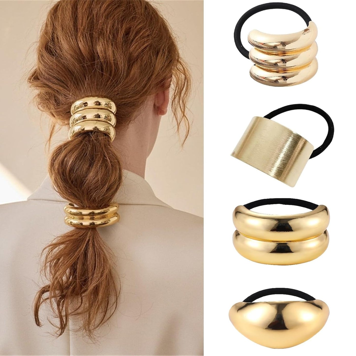 Metal Hair Ties, Metal Geometric Elastic Hair Ties, Hair Cuff Wrap Hair Ties for Thick Hair Elastic Hair Ties for Women Hair Accessories (Gold-7)