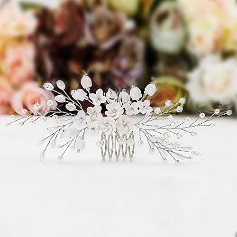 Wedding White Flower Hair Comb Clip Crystal Bride Hair Piece Bridal Hair Accessories for Women…