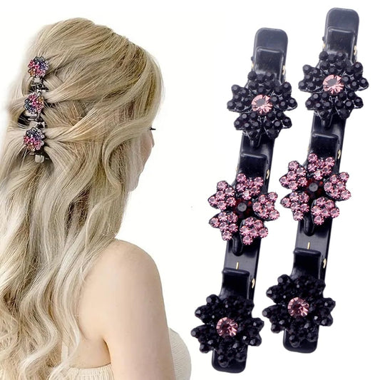 2 Pcs Sparkling Crystal Stone Braided Hair Clips, 2024 New Satin Fabric Hair Bands Rhinestone Four-Leaf Clover Hair Clip,Duck Bill Clips for Women Girls (D)