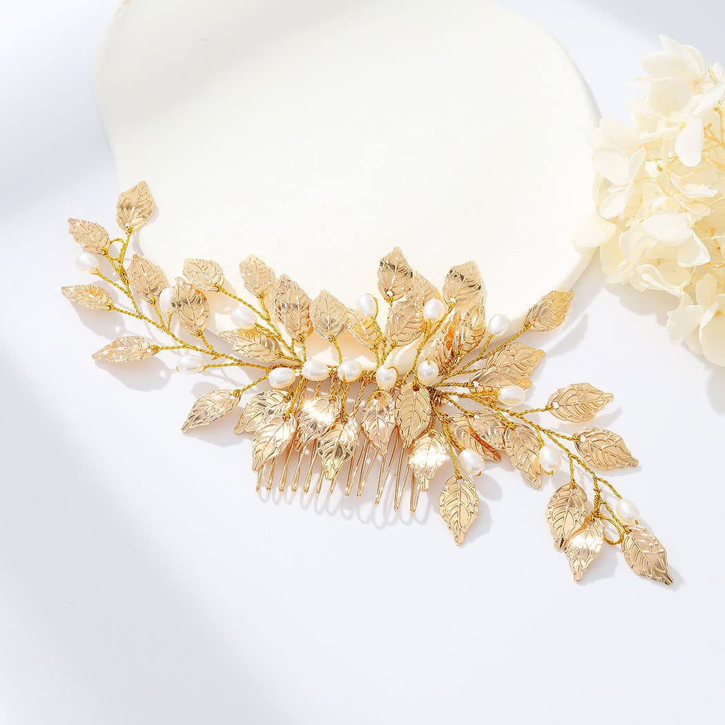 Leaves Bride Wedding Hair Comb Gold Leaf Hair Piece Pearl Headpiece Hair Accessories for Women and Girls