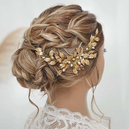 Leaves Bride Wedding Hair Comb Gold Leaf Hair Piece Pearl Headpiece Hair Accessories for Women and Girls