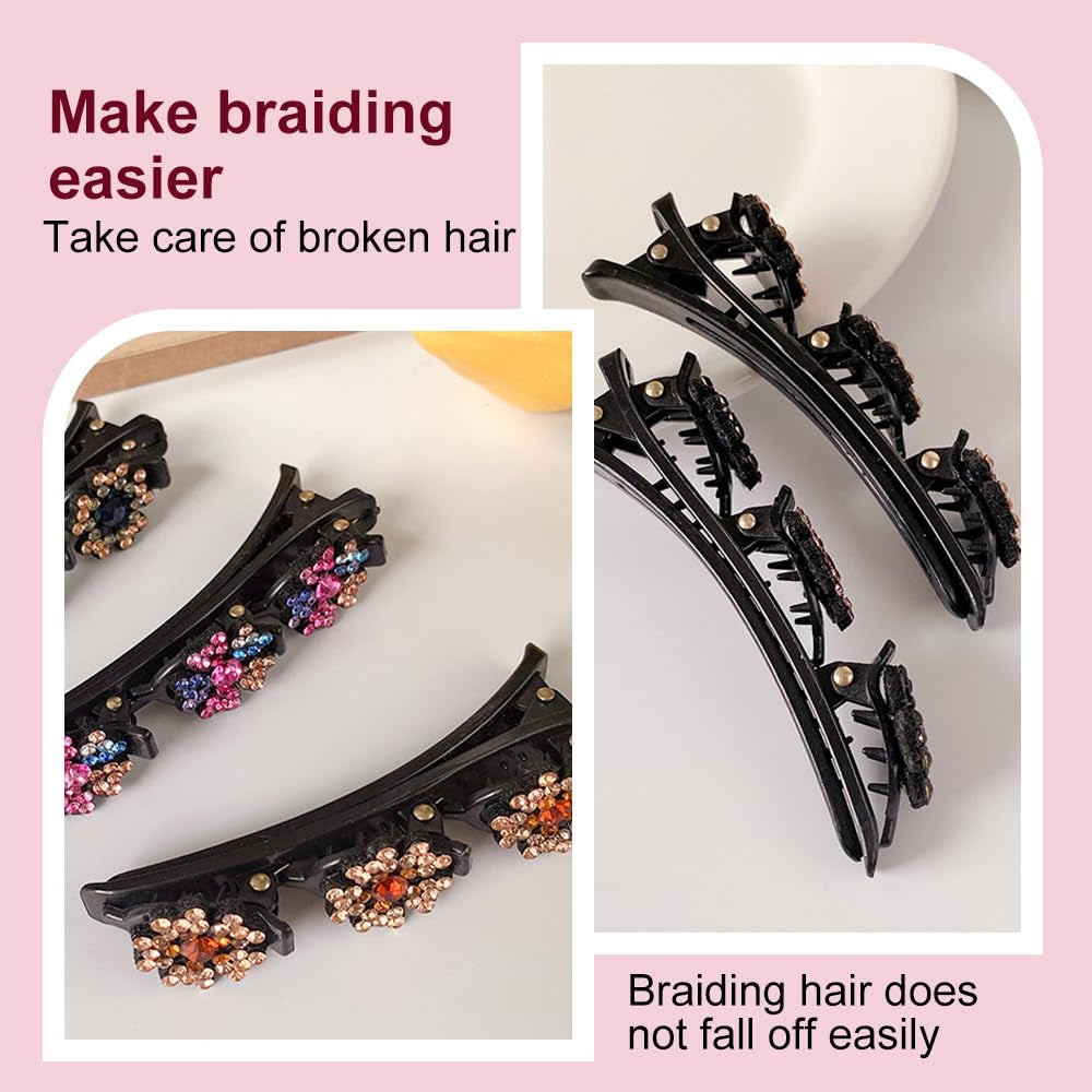 2 Pcs Sparkling Crystal Stone Braided Hair Clips, 2024 New Satin Fabric Hair Bands Rhinestone Four-Leaf Clover Hair Clip,Duck Bill Clips for Women Girls (D)