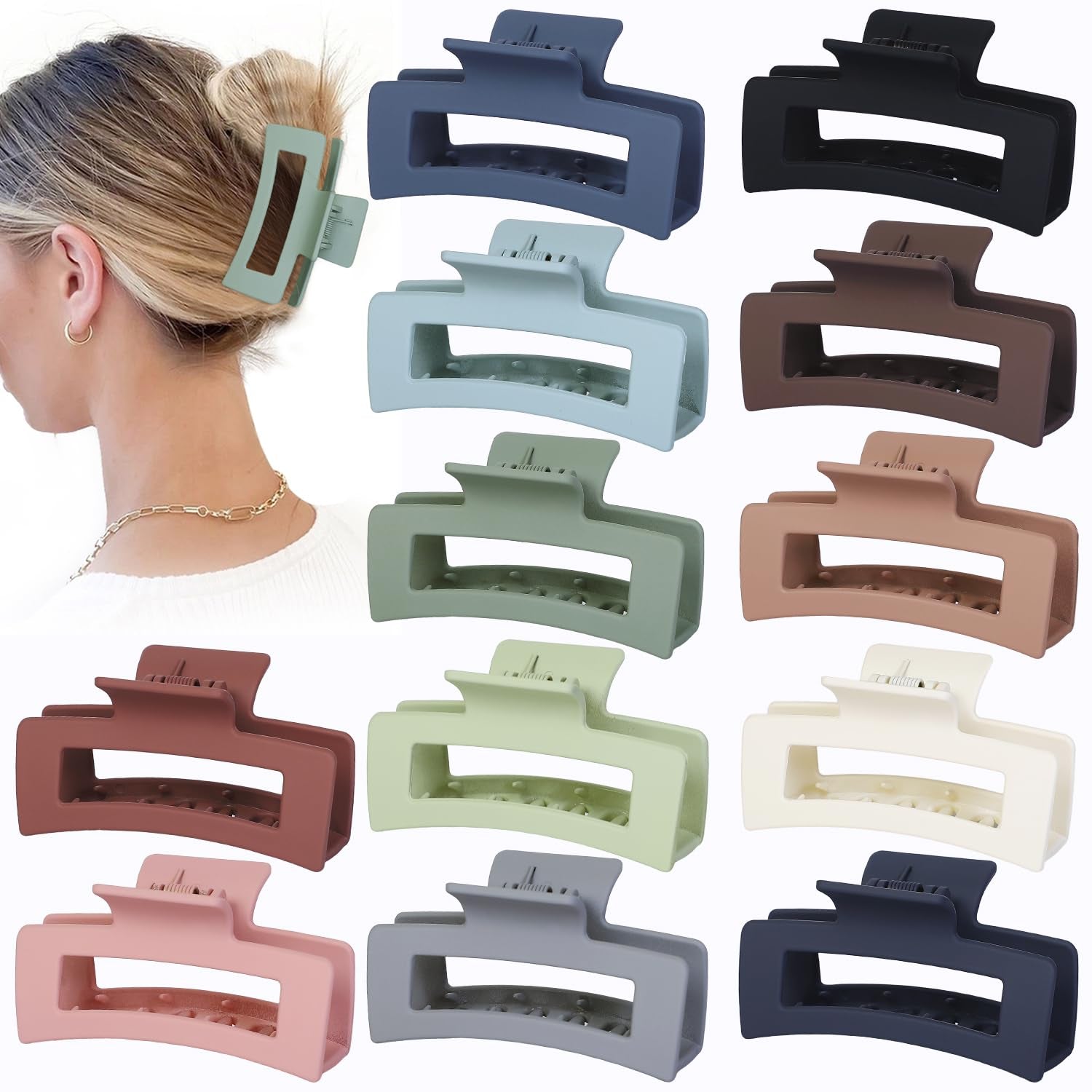 Hair Accessories - 12 Pcs 3.5 Inch Square Rectangle Jaw Clips for Women and Girls, Multicolor, Thick and Thin Hair