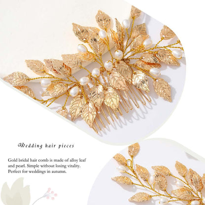 Leaves Bride Wedding Hair Comb Gold Leaf Hair Piece Pearl Headpiece Hair Accessories for Women and Girls