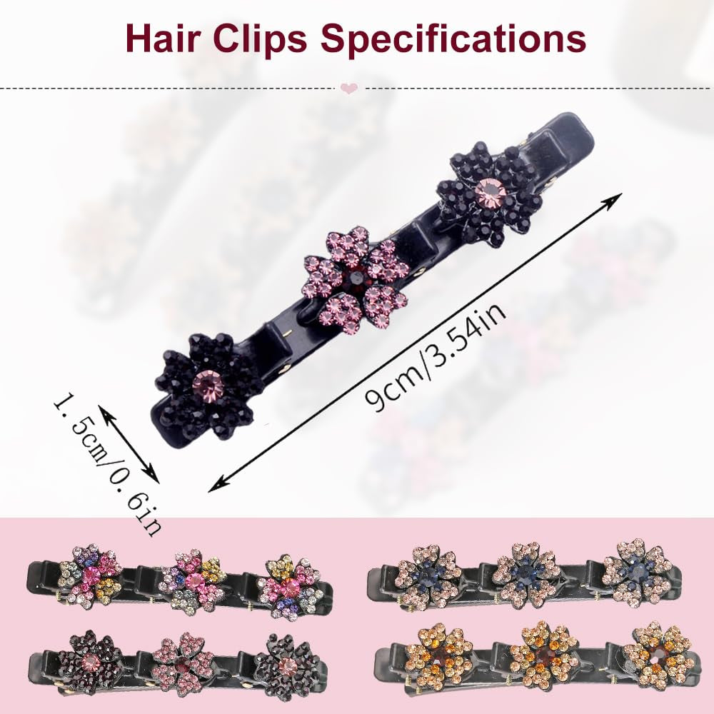 2 Pcs Sparkling Crystal Stone Braided Hair Clips, 2024 New Satin Fabric Hair Bands Rhinestone Four-Leaf Clover Hair Clip,Duck Bill Clips for Women Girls (D)