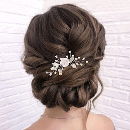 Flower Bride Wedding Hair Comb Pearl Bridal Hair Pieces Leaf Hair Accessories for Women and Girls (A-Silver)