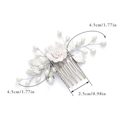 Flower Bride Wedding Hair Comb Pearl Bridal Hair Pieces Leaf Hair Accessories for Women and Girls (A-Silver)