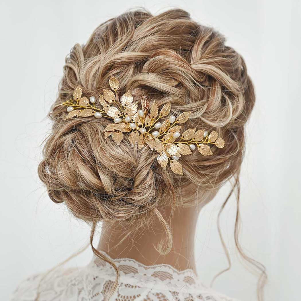 Leaves Bride Wedding Hair Comb Gold Leaf Hair Piece Pearl Headpiece Hair Accessories for Women and Girls