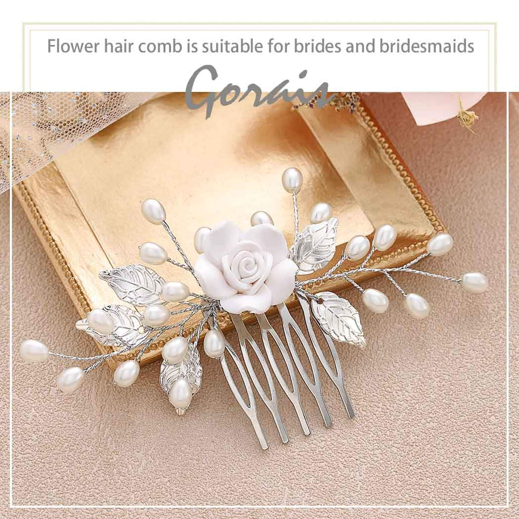 Flower Bride Wedding Hair Comb Pearl Bridal Hair Pieces Leaf Hair Accessories for Women and Girls (A-Silver)