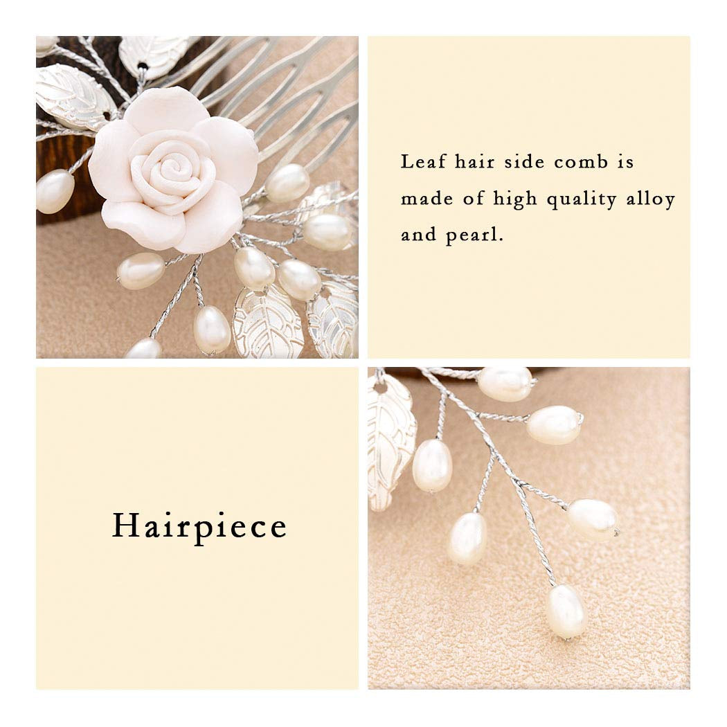 Flower Bride Wedding Hair Comb Pearl Bridal Hair Pieces Leaf Hair Accessories for Women and Girls (A-Silver)