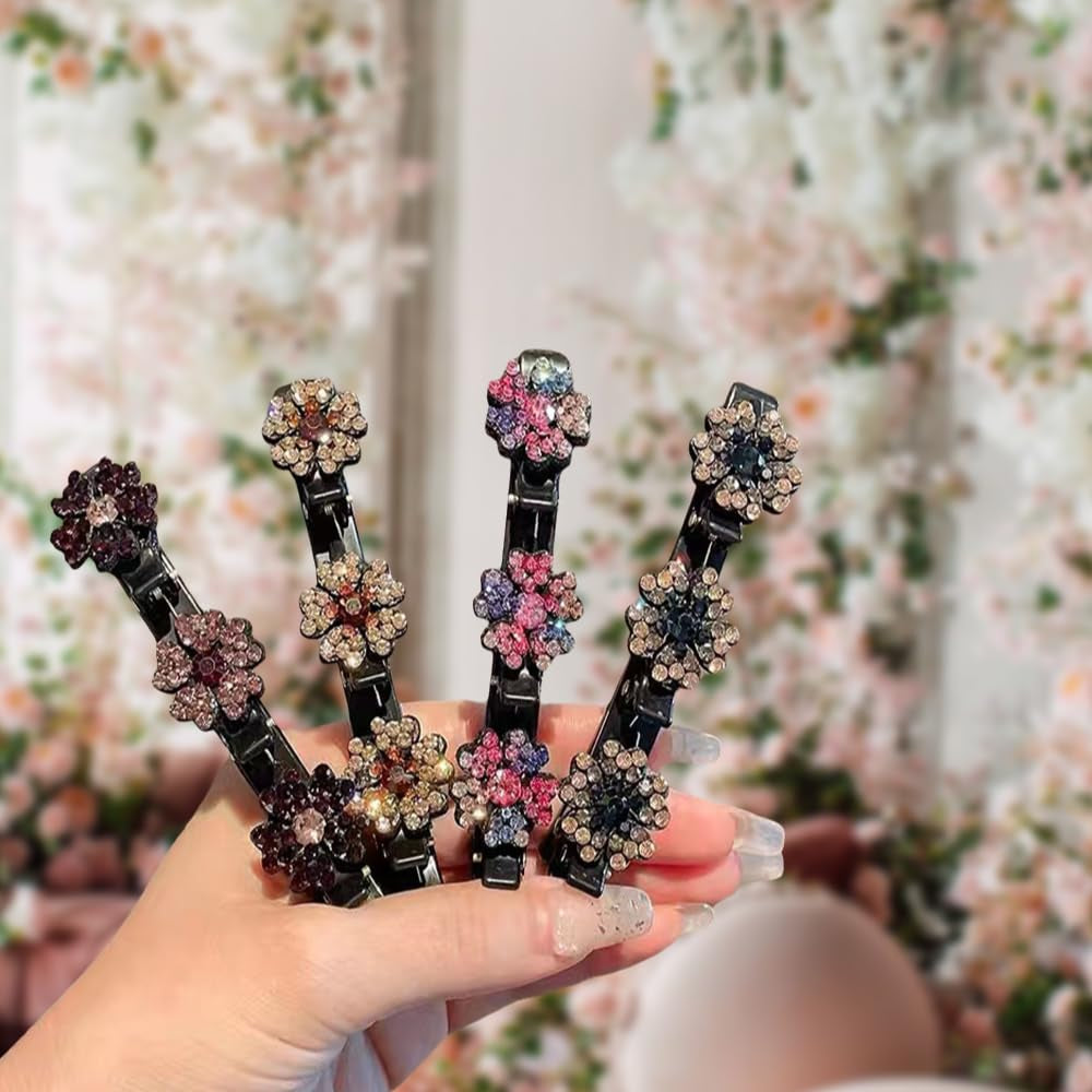 2 Pcs Sparkling Crystal Stone Braided Hair Clips, 2024 New Satin Fabric Hair Bands Rhinestone Four-Leaf Clover Hair Clip,Duck Bill Clips for Women Girls (D)