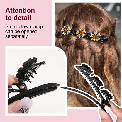 2 Pcs Sparkling Crystal Stone Braided Hair Clips, 2024 New Satin Fabric Hair Bands Rhinestone Four-Leaf Clover Hair Clip,Duck Bill Clips for Women Girls (D)