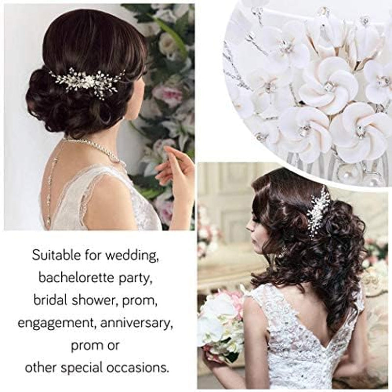 Wedding White Flower Hair Comb Clip Crystal Bride Hair Piece Bridal Hair Accessories for Women…