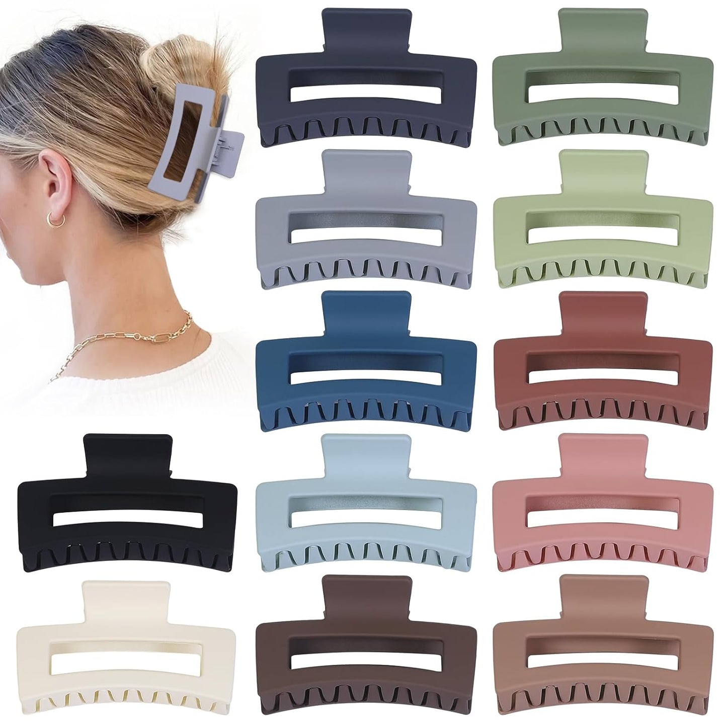 Hair Accessories - 12 Pcs 3.5 Inch Square Rectangle Jaw Clips for Women and Girls, Multicolor, Thick and Thin Hair