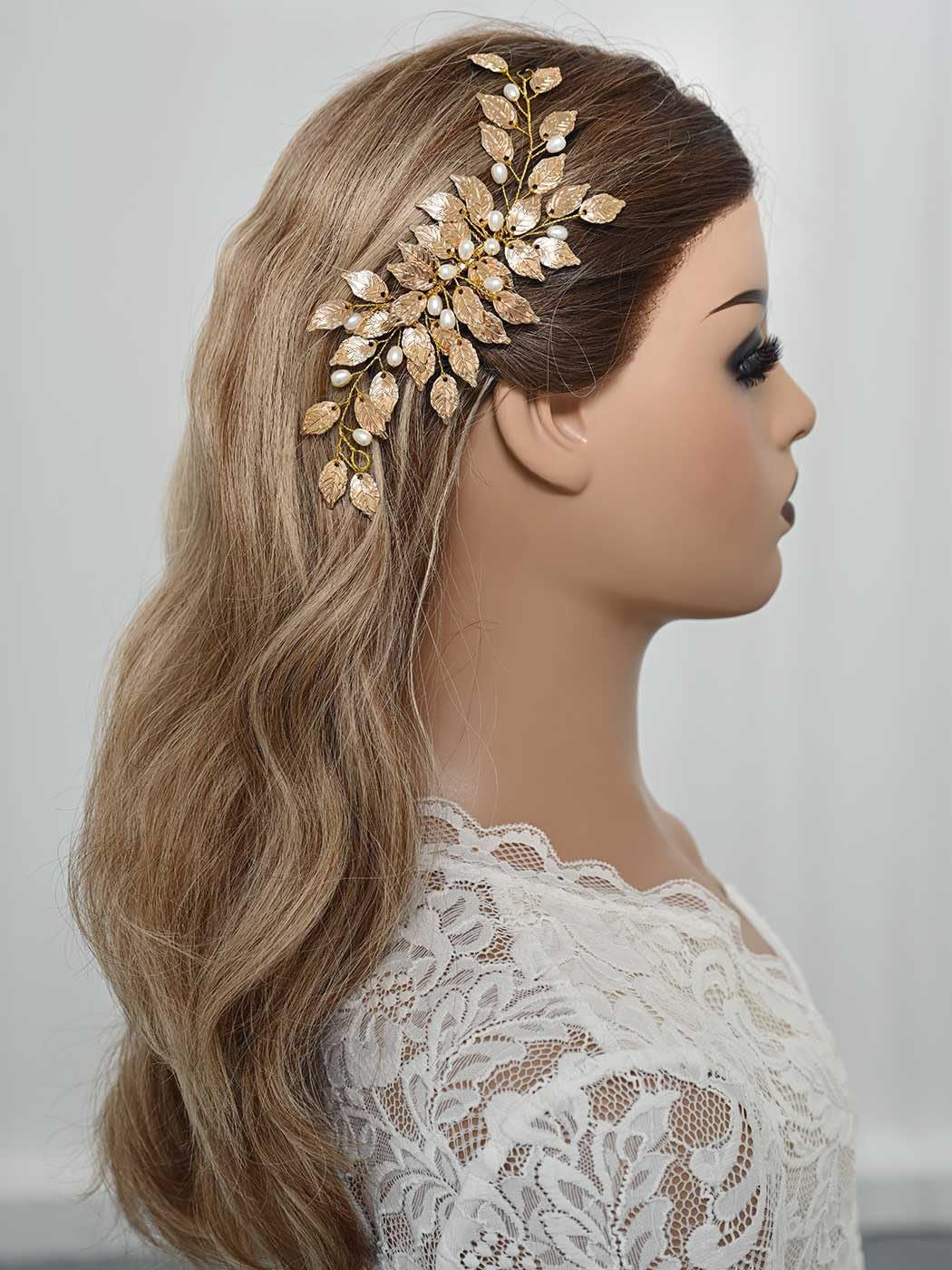 Leaves Bride Wedding Hair Comb Gold Leaf Hair Piece Pearl Headpiece Hair Accessories for Women and Girls