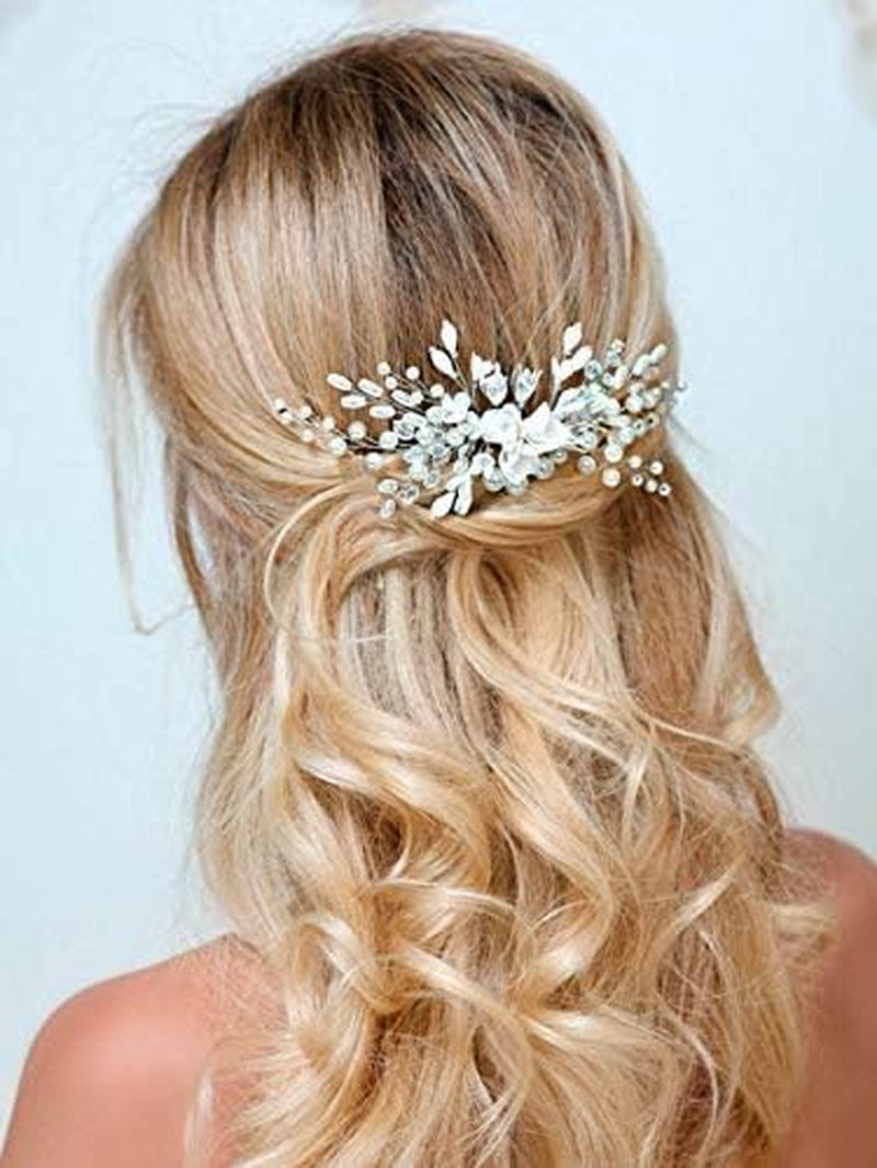 Wedding White Flower Hair Comb Clip Crystal Bride Hair Piece Bridal Hair Accessories for Women…