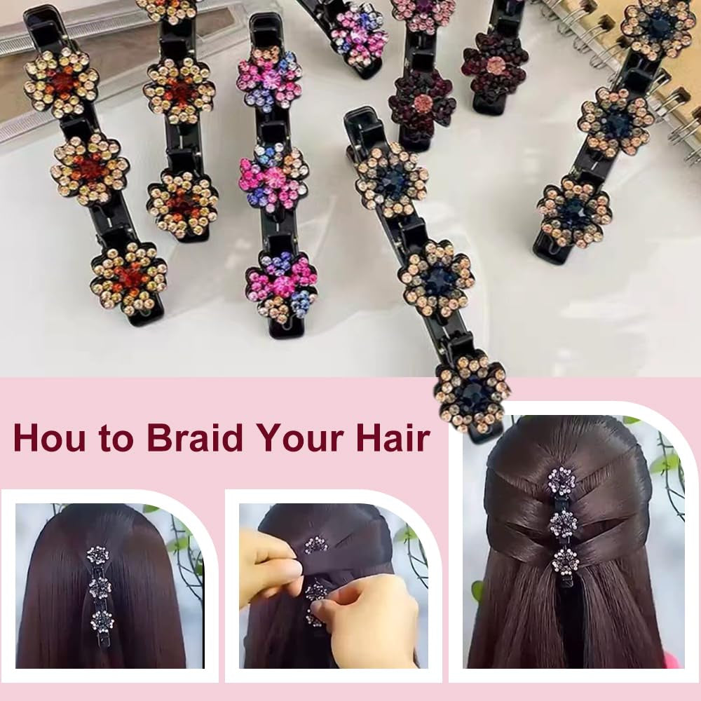 2 Pcs Sparkling Crystal Stone Braided Hair Clips, 2024 New Satin Fabric Hair Bands Rhinestone Four-Leaf Clover Hair Clip,Duck Bill Clips for Women Girls (D)