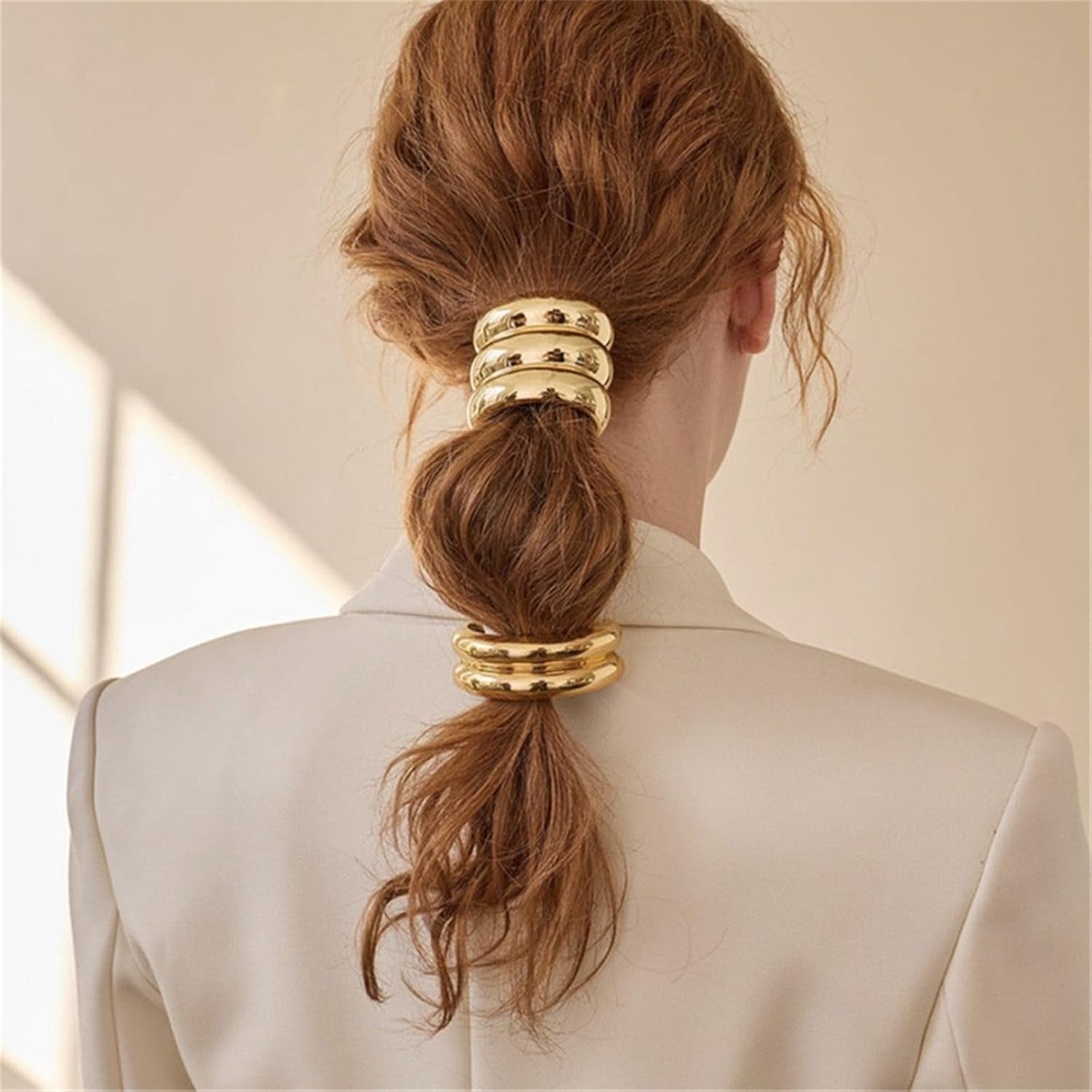 Metal Hair Ties, Metal Geometric Elastic Hair Ties, Hair Cuff Wrap Hair Ties for Thick Hair Elastic Hair Ties for Women Hair Accessories (Gold-7)